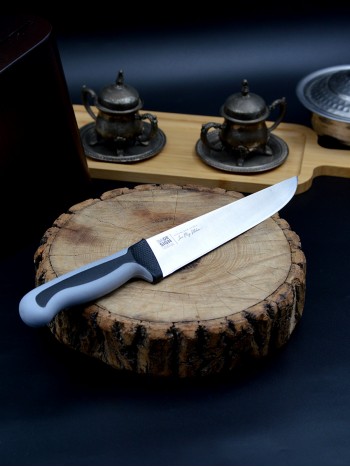 Kasap / Et Bıçağı Renkli Kaydırmaz Sap 20.5 cm İsme Özel (Gri)